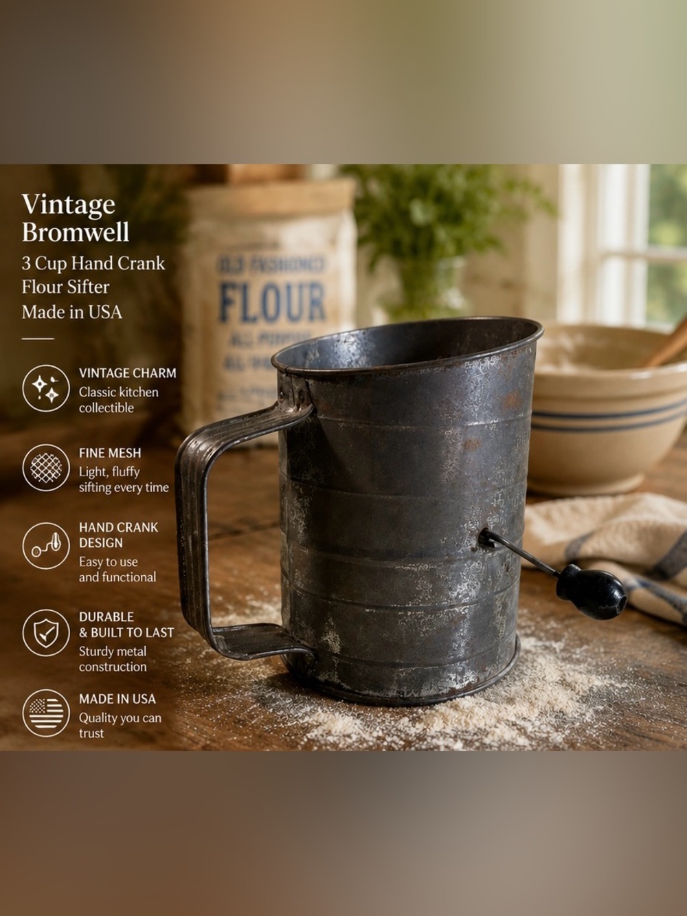 Vintage Bromwell Flour Sifter 3 Cup Hand Crank Made USA